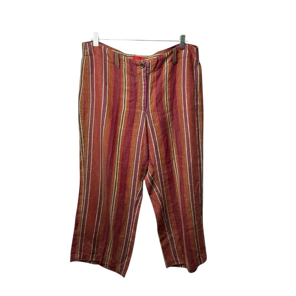 Isda & Co Linen Cropped Pants Earthy Striped Wide Leg SZ 12 Mid Rise Flat Front